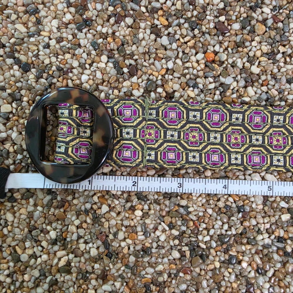 Vintage Geometric Jacquard Wide Belt Magenta Gold Tortoiseshell Buckle Retro
